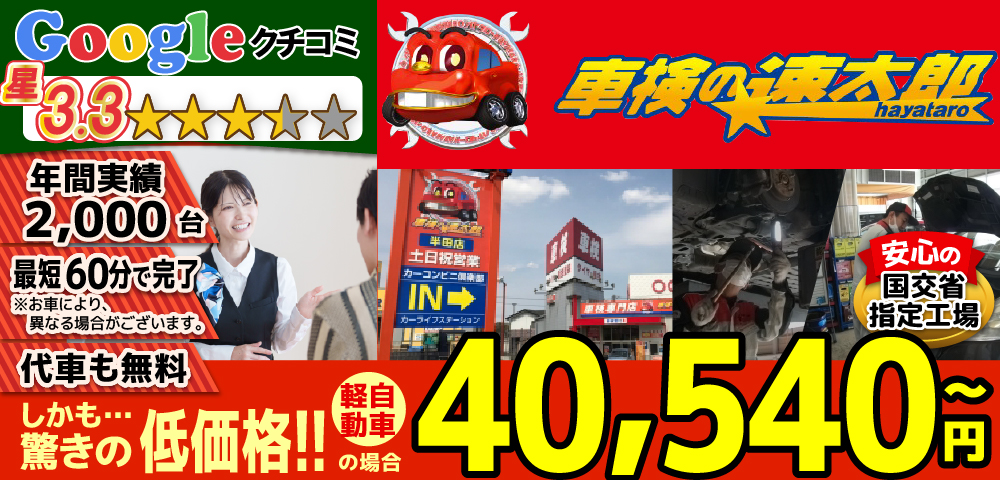 「車検の速太郎」半田店では、地域トップクラスの信頼と実績!年間2,000台の車検実績/95%以上の方が1度の来店で車検完了/最短60分で完了!代車も無料!安心の国交省指定工場/驚きの低価格38,040円～